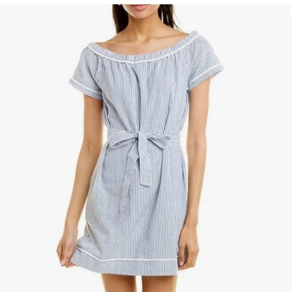 Off the shoulder 100% cotton size large blue and white striped dress